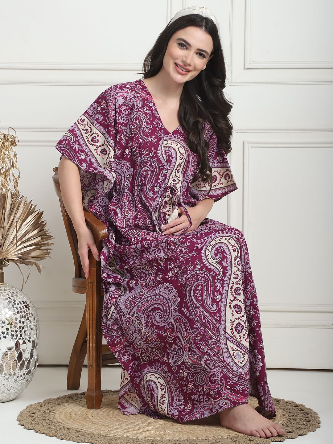 Printed Purple Cotton Maternity Kaftan Full Length
