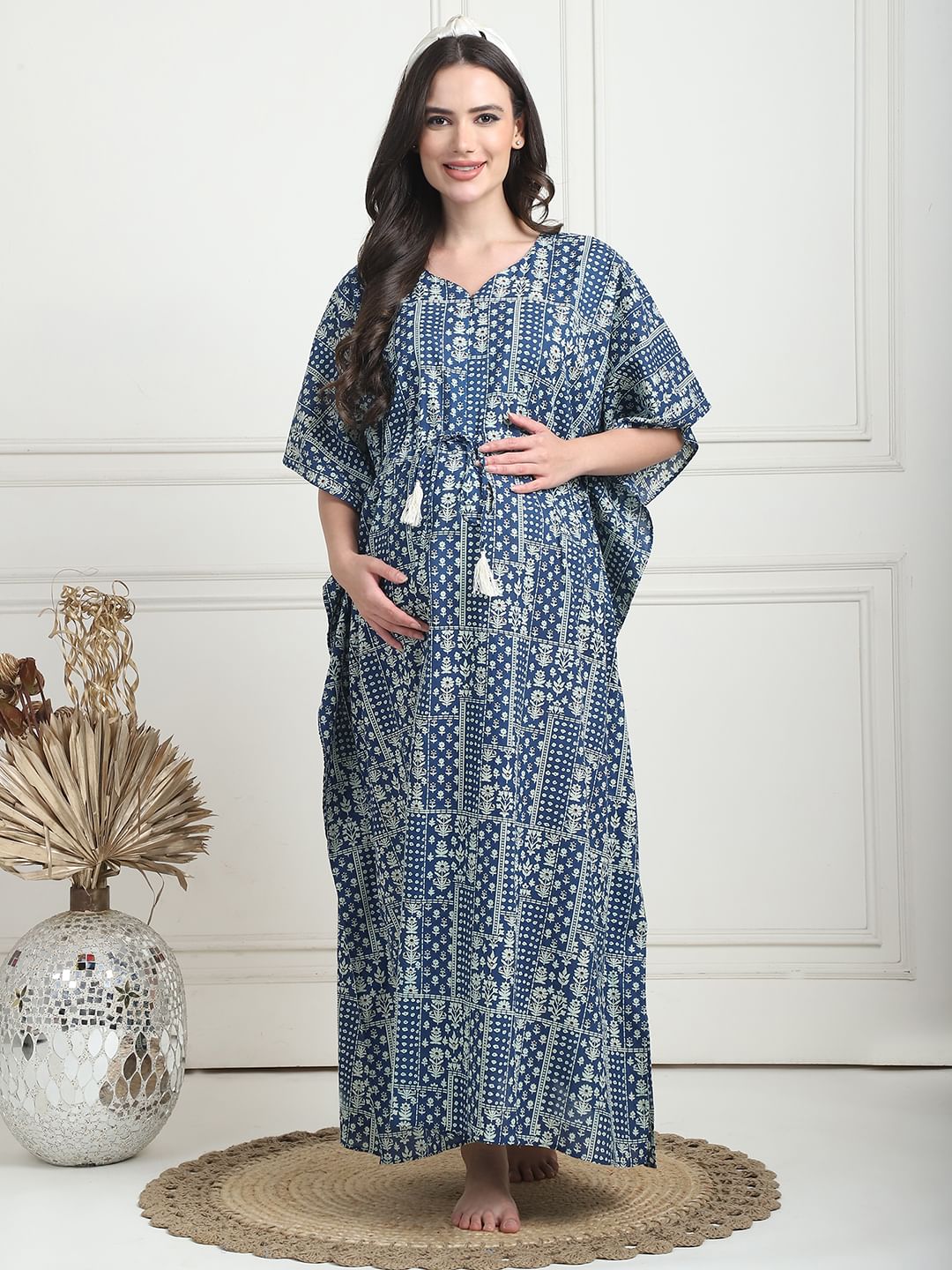 Geometric Print Blue Cotton Maternity Kaftan Full Length