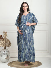 Geometric Print Blue Cotton Maternity Kaftan Full Length