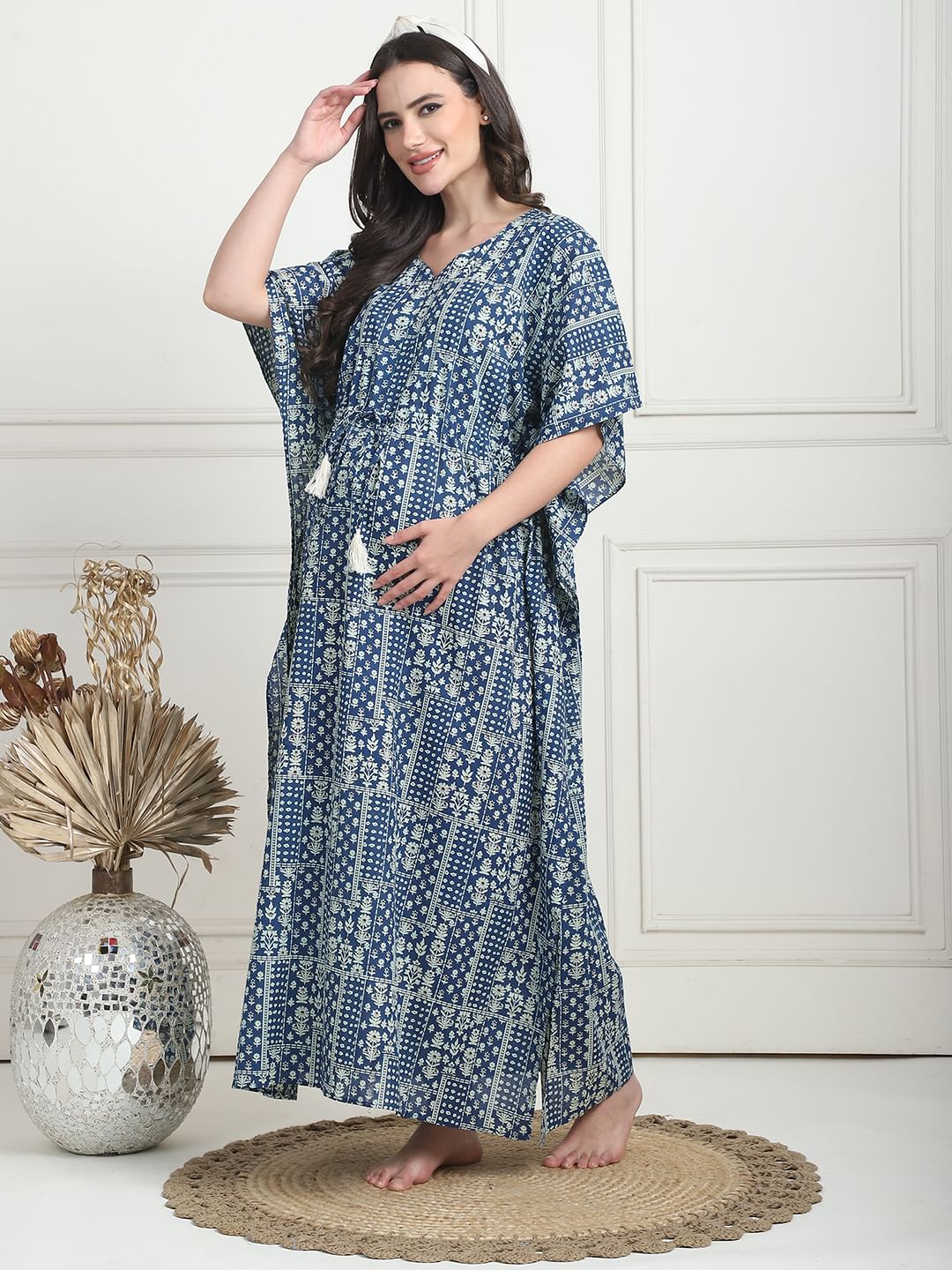 Geometric Print Blue Cotton Maternity Kaftan Full Length