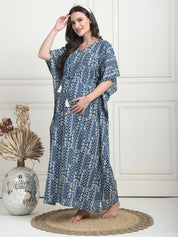 Geometric Print Blue Cotton Maternity Kaftan Full Length