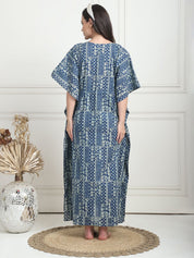 Geometric Print Blue Cotton Maternity Kaftan Full Length