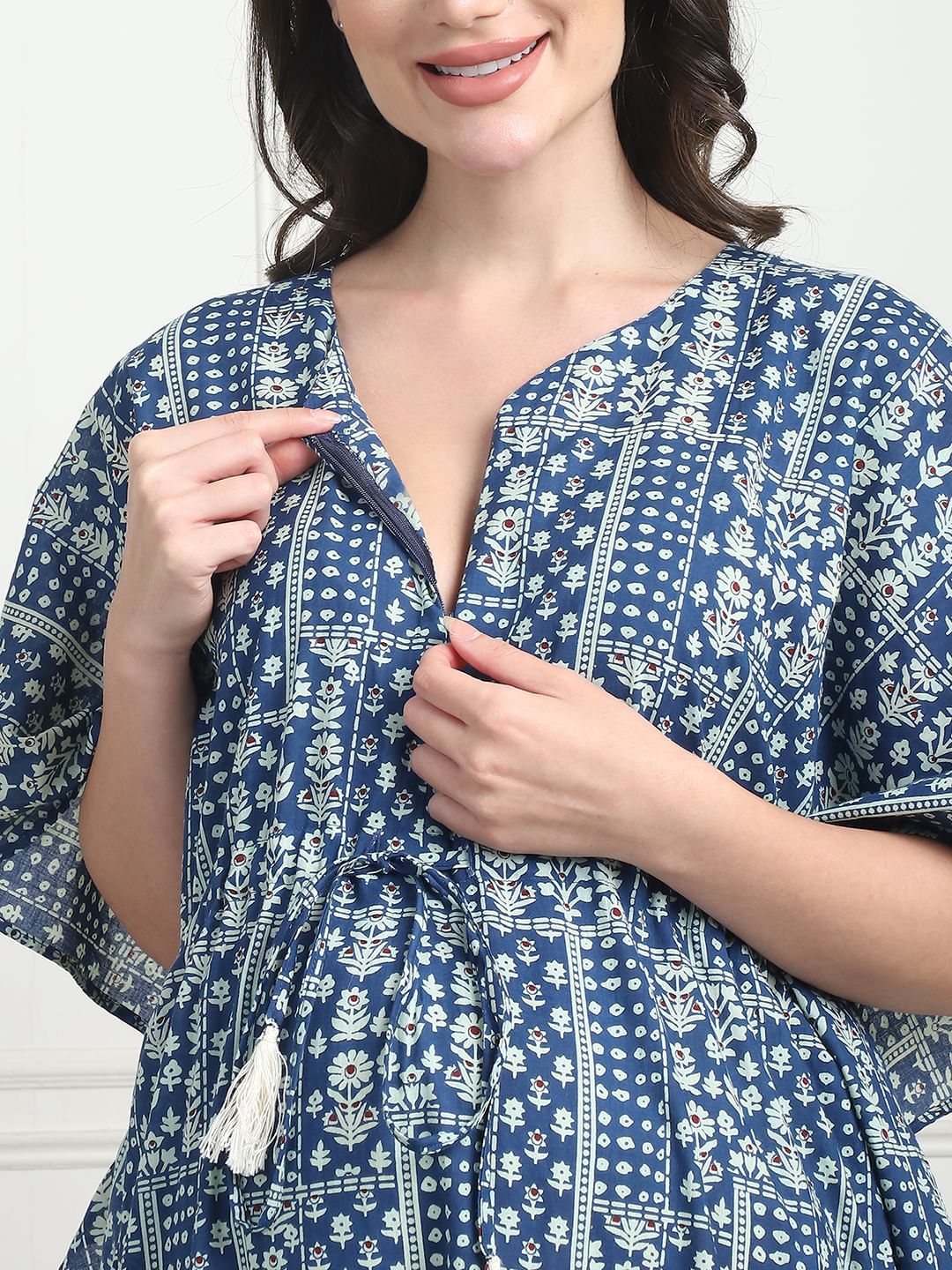 Geometric Print Blue Cotton Maternity Kaftan Full Length