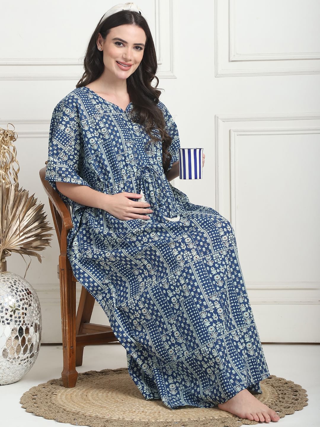 Geometric Print Blue Cotton Maternity Kaftan Full Length