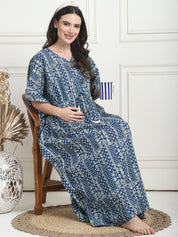 Geometric Print Blue Cotton Maternity Kaftan Full Length