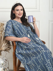 Geometric Print Blue Cotton Maternity Kaftan Full Length