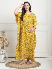 Floral Print Yellow Cotton Maternity Kaftan Full Length