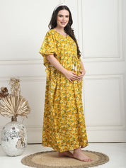 Floral Print Yellow Cotton Maternity Kaftan Full Length