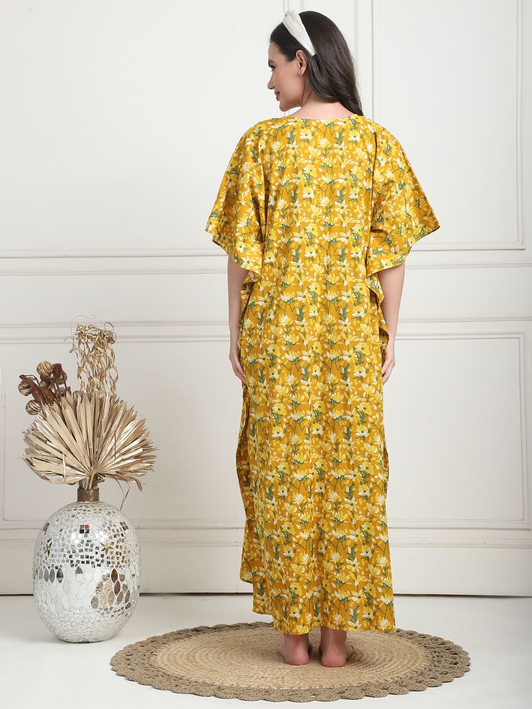 Floral Print Yellow Cotton Maternity Kaftan Full Length