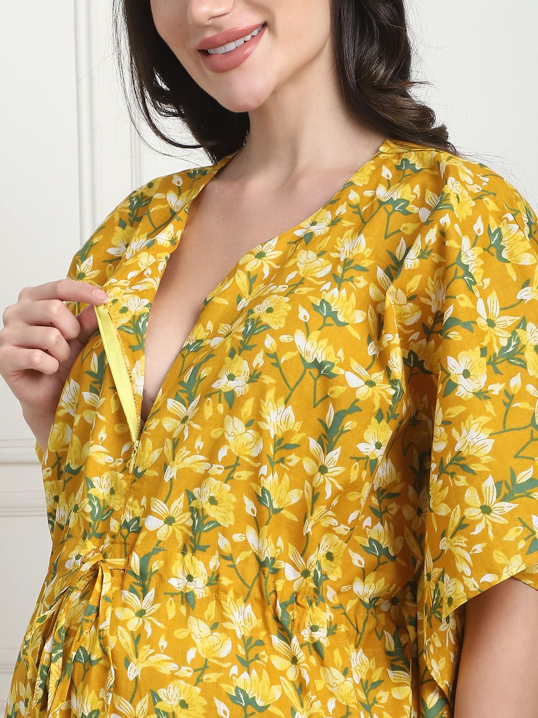 Floral Print Yellow Cotton Maternity Kaftan Full Length