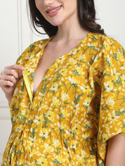 Floral Print Yellow Cotton Maternity Kaftan Full Length