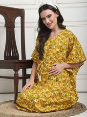 Floral Print Yellow Cotton Maternity Kaftan Full Length