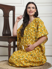 Floral Print Yellow Cotton Maternity Kaftan Full Length