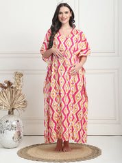 Geometric Print Pink Cotton Maternity Kaftan Full Length