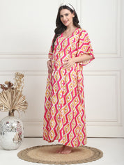 Geometric Print Pink Cotton Maternity Kaftan Full Length