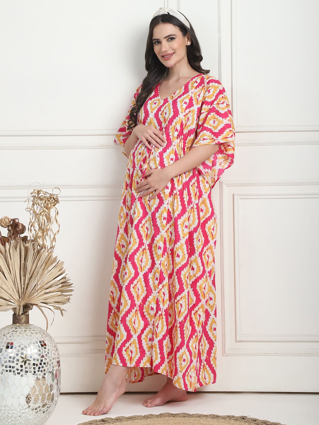 Geometric Print Pink Cotton Maternity Kaftan Full Length
