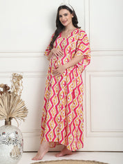 Geometric Print Pink Cotton Maternity Kaftan Full Length