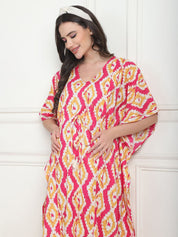 Geometric Print Pink Cotton Maternity Kaftan Full Length