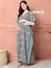 Light Blue Floral Cotton Maternity Kaftan