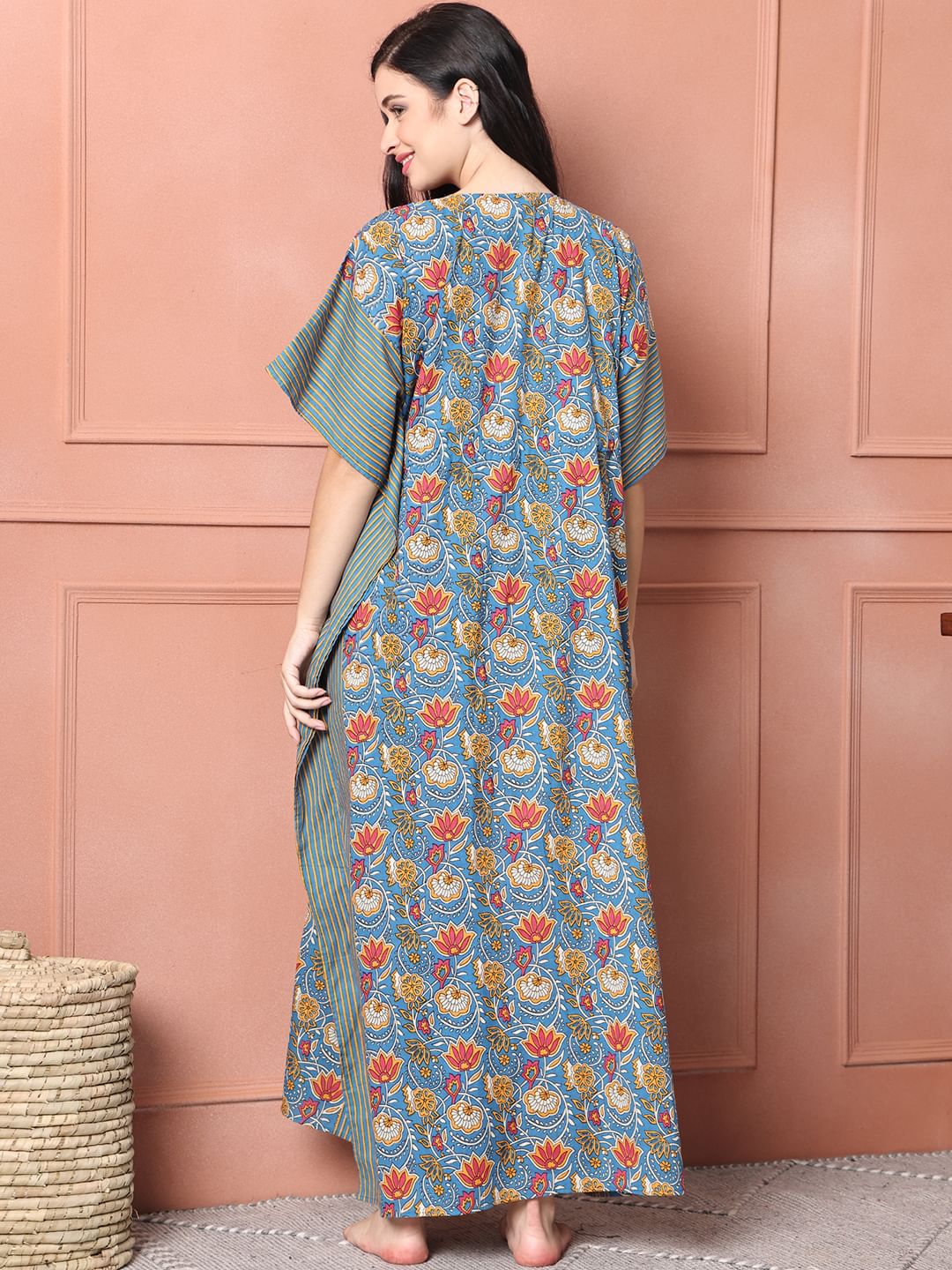 Light Blue Floral Cotton Maternity Kaftan