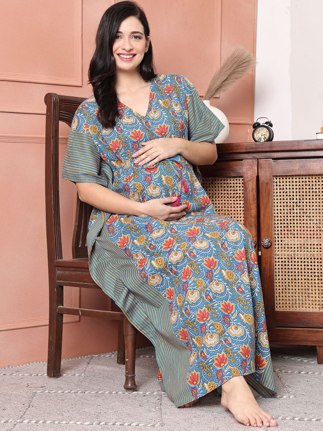 Light Blue Floral Cotton Maternity Kaftan