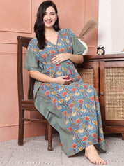 Light Blue Floral Cotton Maternity Kaftan
