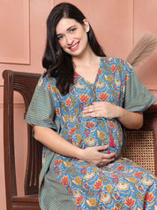 Light Blue Floral Cotton Maternity Kaftan