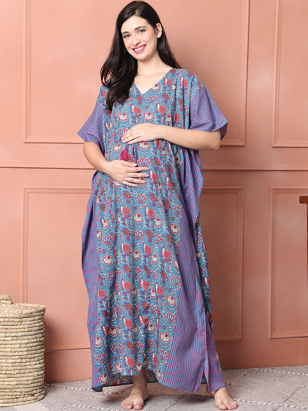 Dark Blue Floral Cotton Maternity Kaftan