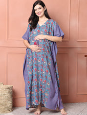 Dark Blue Floral Cotton Maternity Kaftan