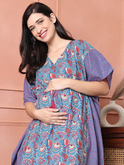 Dark Blue Floral Cotton Maternity Kaftan
