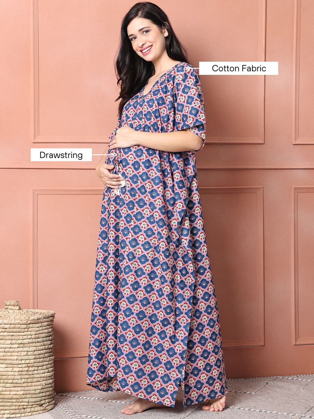 Blue Floral Cotton Maternity Kaftan