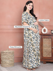 Secret Wish Blue Floral Cotton Maternity Kaftan Full Length