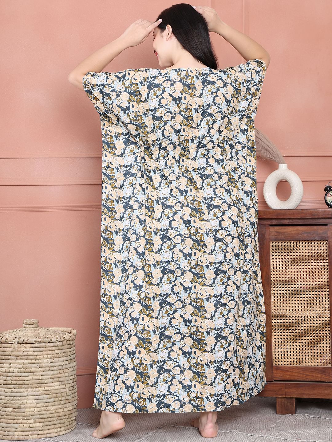 Secret Wish Blue Floral Cotton Maternity Kaftan Full Length