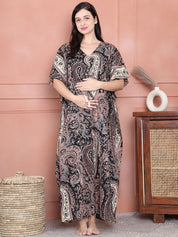 Secret Wish Black Floral Cotton Maternity Kaftan Full Length