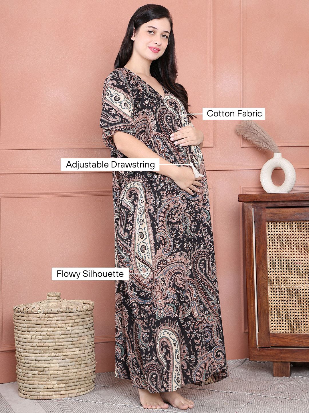 Secret Wish Black Floral Cotton Maternity Kaftan Full Length