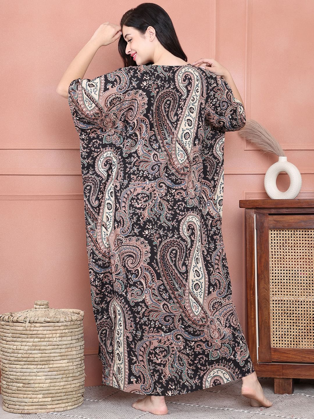 Secret Wish Black Floral Cotton Maternity Kaftan Full Length
