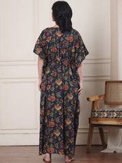 Navy Blue Floral Cotton Maternity Kaftan