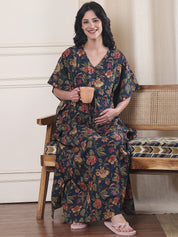 Navy Blue Floral Cotton Maternity Kaftan