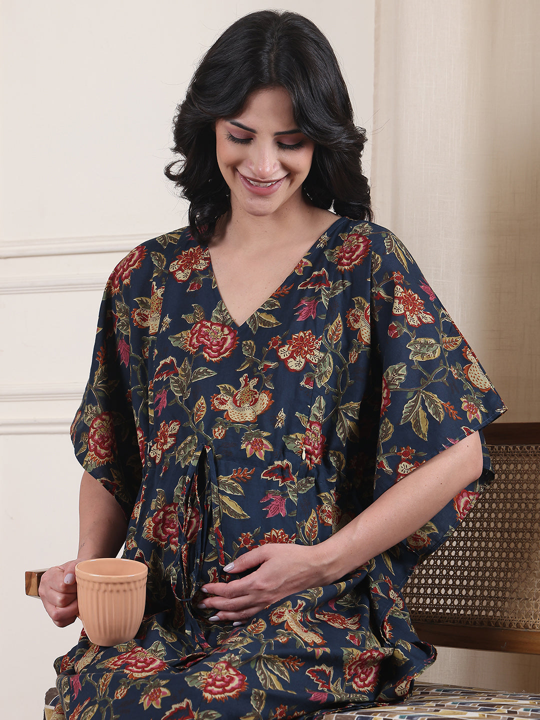 Navy Blue Floral Cotton Maternity Kaftan