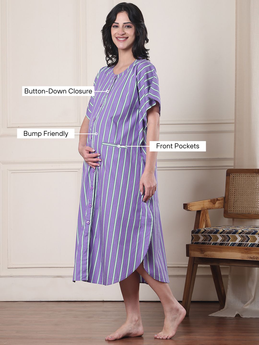 Lilac Striped Cotton Blend Maternity Kaftan
