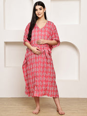Pink Leaf Cotton Maternity Kaftan Calf Length