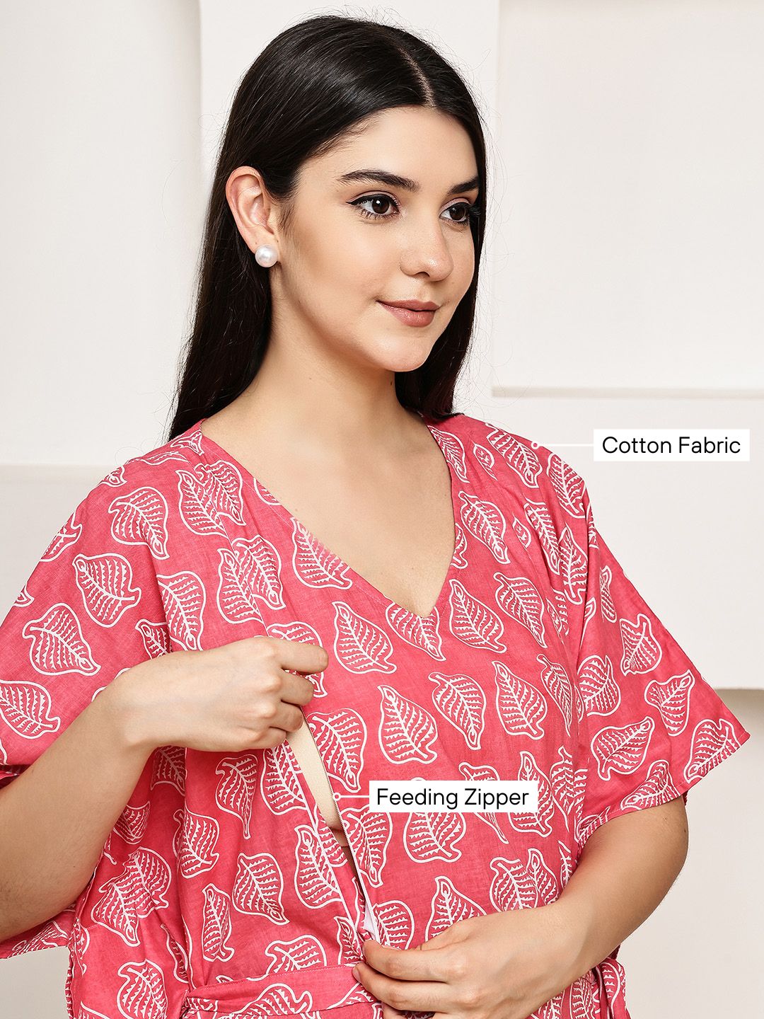 Pink Leaf Cotton Maternity Kaftan Calf Length
