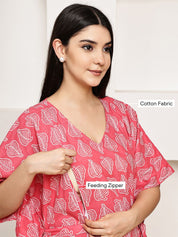 Pink Leaf Cotton Maternity Kaftan Calf Length