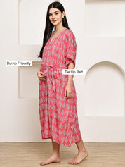 Pink Leaf Cotton Maternity Kaftan Calf Length