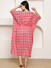 Pink Leaf Cotton Maternity Kaftan Calf Length