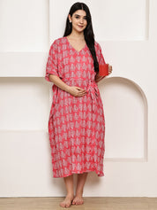 Pink Leaf Cotton Maternity Kaftan Calf Length