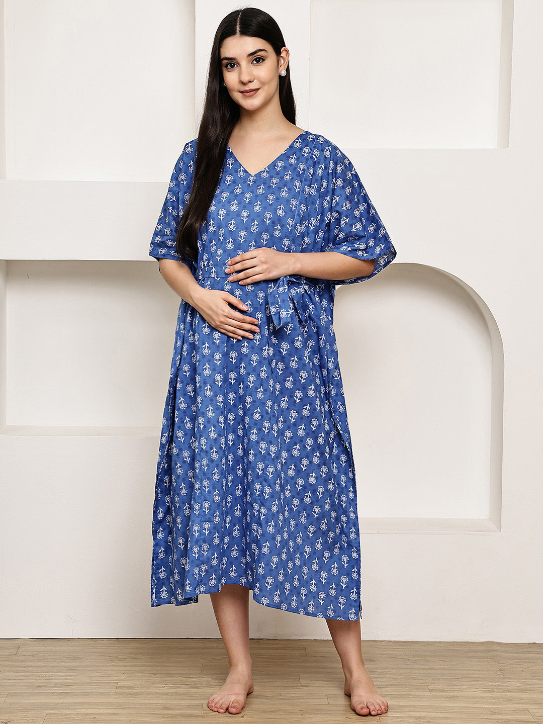 Blue Floral Cotton Maternity Kaftan Calf Length