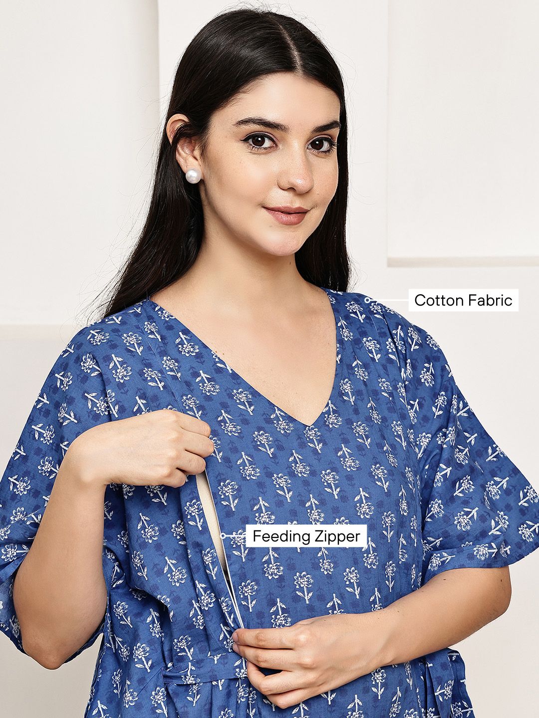 Blue Floral Cotton Maternity Kaftan Calf Length