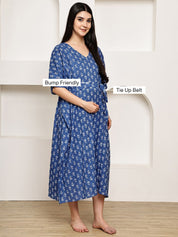 Blue Floral Cotton Maternity Kaftan Calf Length