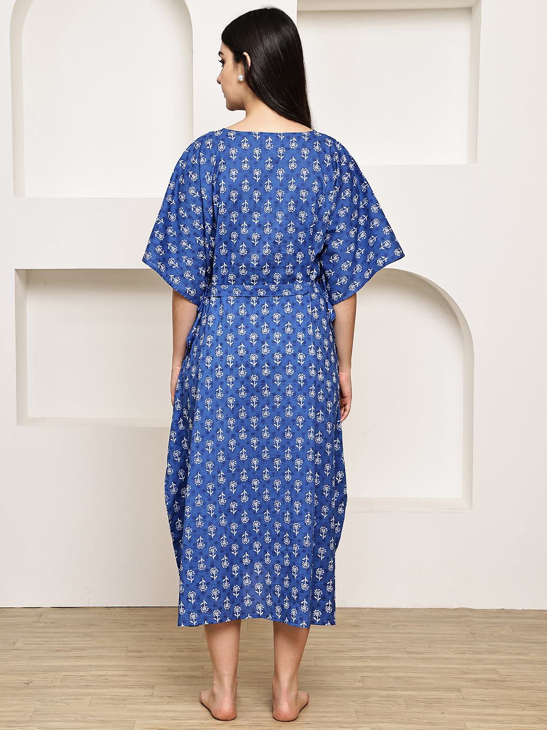 Blue Floral Cotton Maternity Kaftan Calf Length